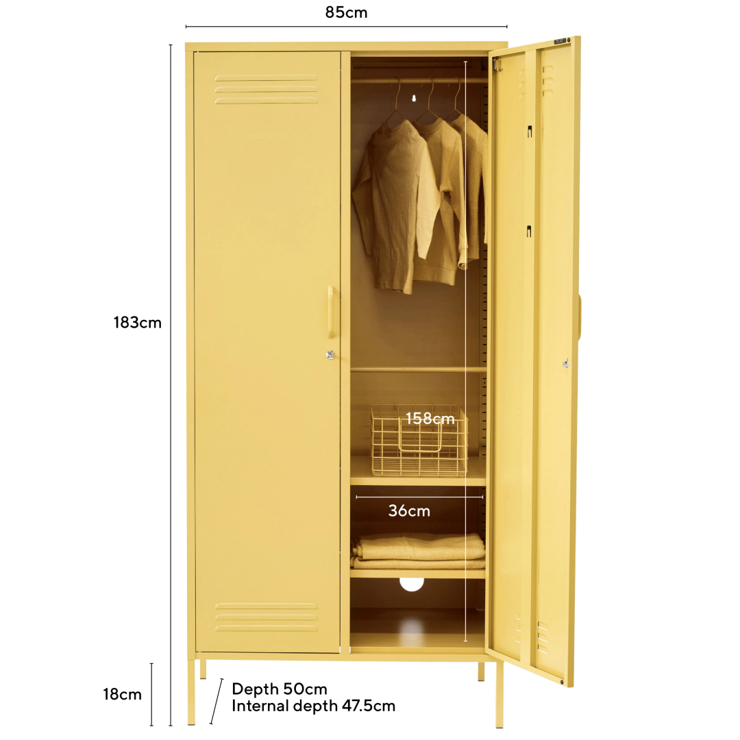 Steel Twinny Wardrobe Metal Locker Adjustable Shelves Storage Cabinet - Butter Yellow
