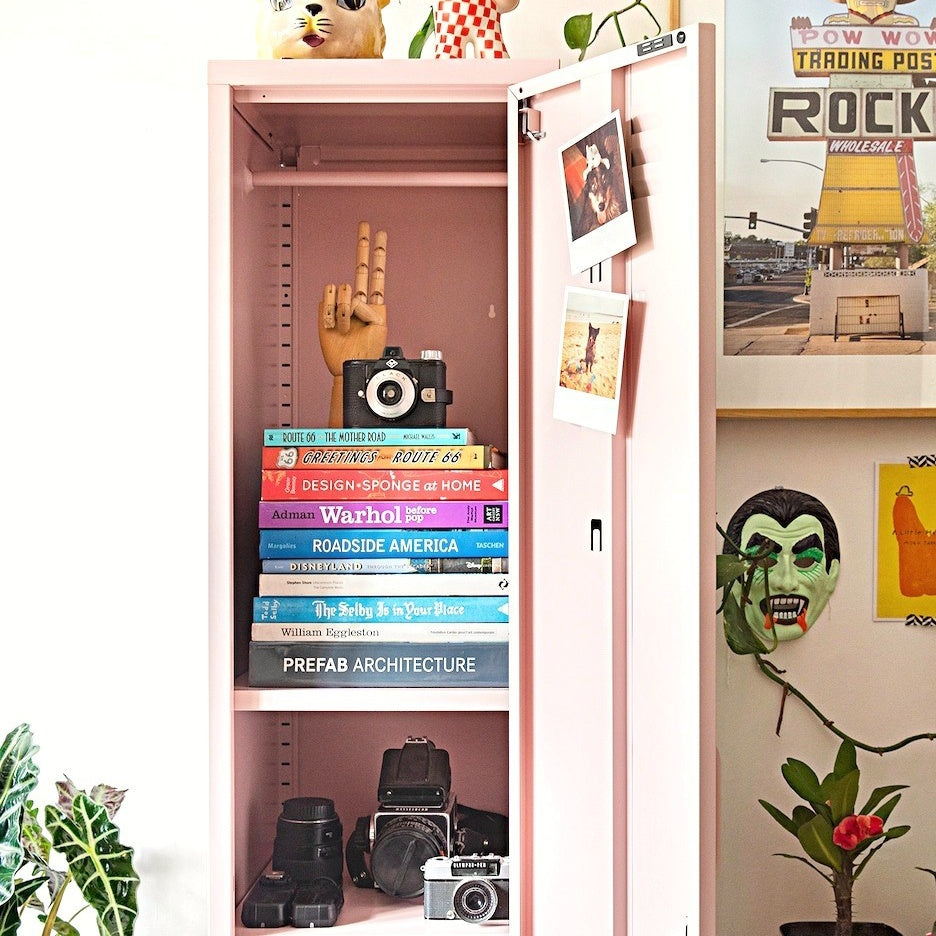 Steel Skinny Wardrobe Metal Locker Adjustable Shelves Storage Cabinet - Peach Pink