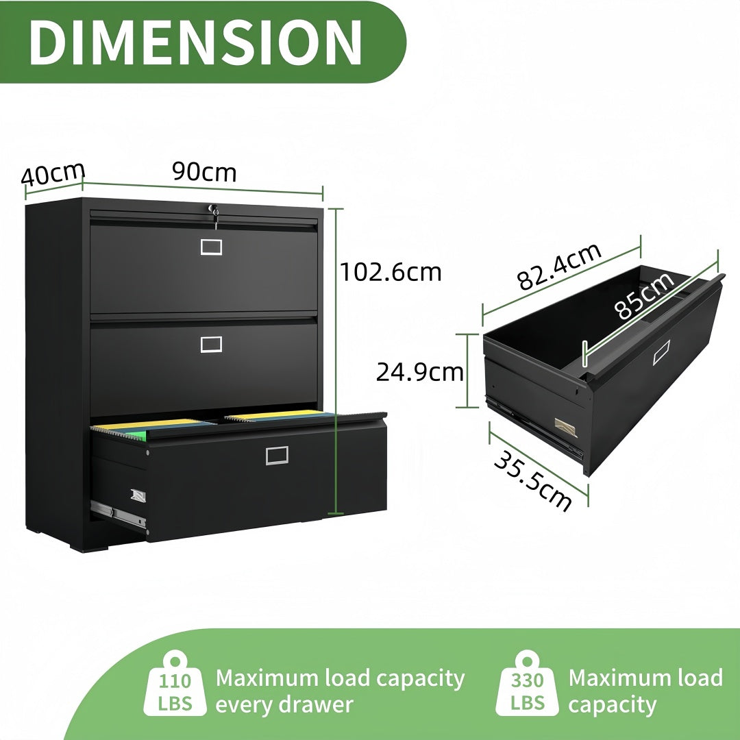 Steel Lateral 3 Drawer Filing Cabinet Cupboard Locker Swan Handle With Card Slots