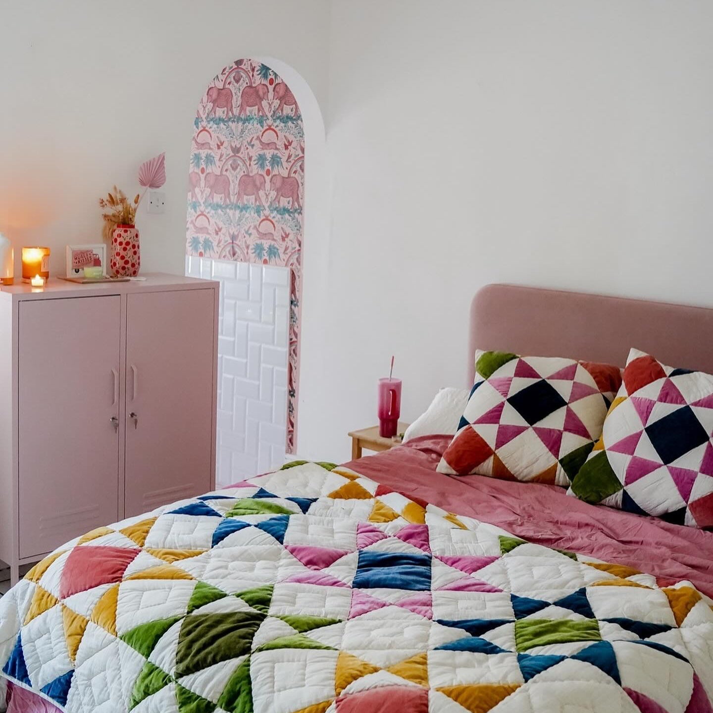 Steel Midi Sideboard Metal Locker Adjustable Shelves Storage Cabinet - Peach Pink