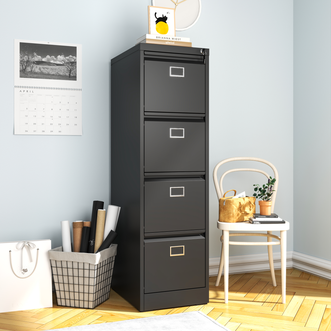 Steel Big Size Vertical 4 Drawer Filing Cabinet Cupboard Locker Swan Handle With Card Slots