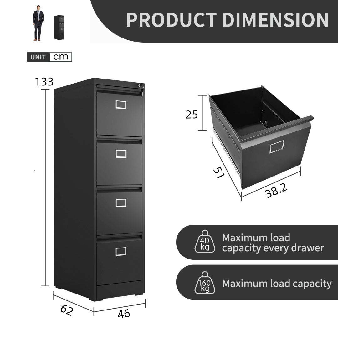 Steel Big Size Vertical 4 Drawer Filing Cabinet Cupboard Locker Swan Handle With Card Slots
