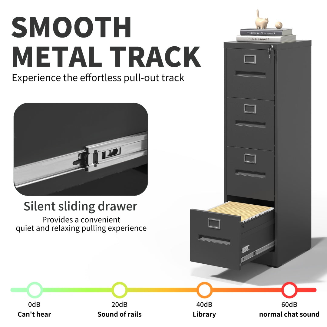 Steel Big Size Vertical 4 Drawer Filing Cabinet Cupboard Locker Inner Handle With Card Slots - Black