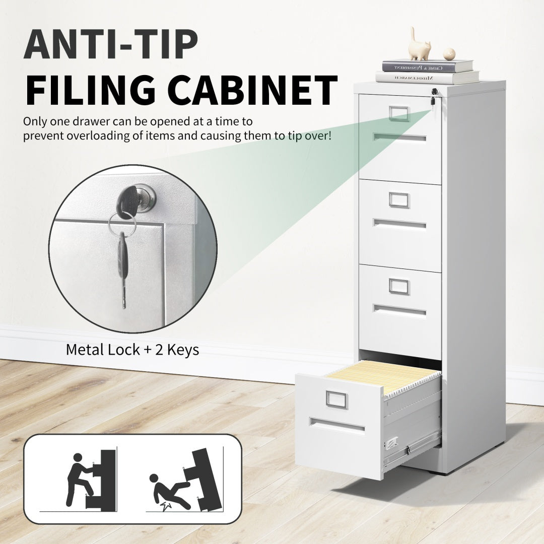 Steel Vertical 4 Drawer Filing Cabinet Cupboard Locker Inner Handle Card Slots