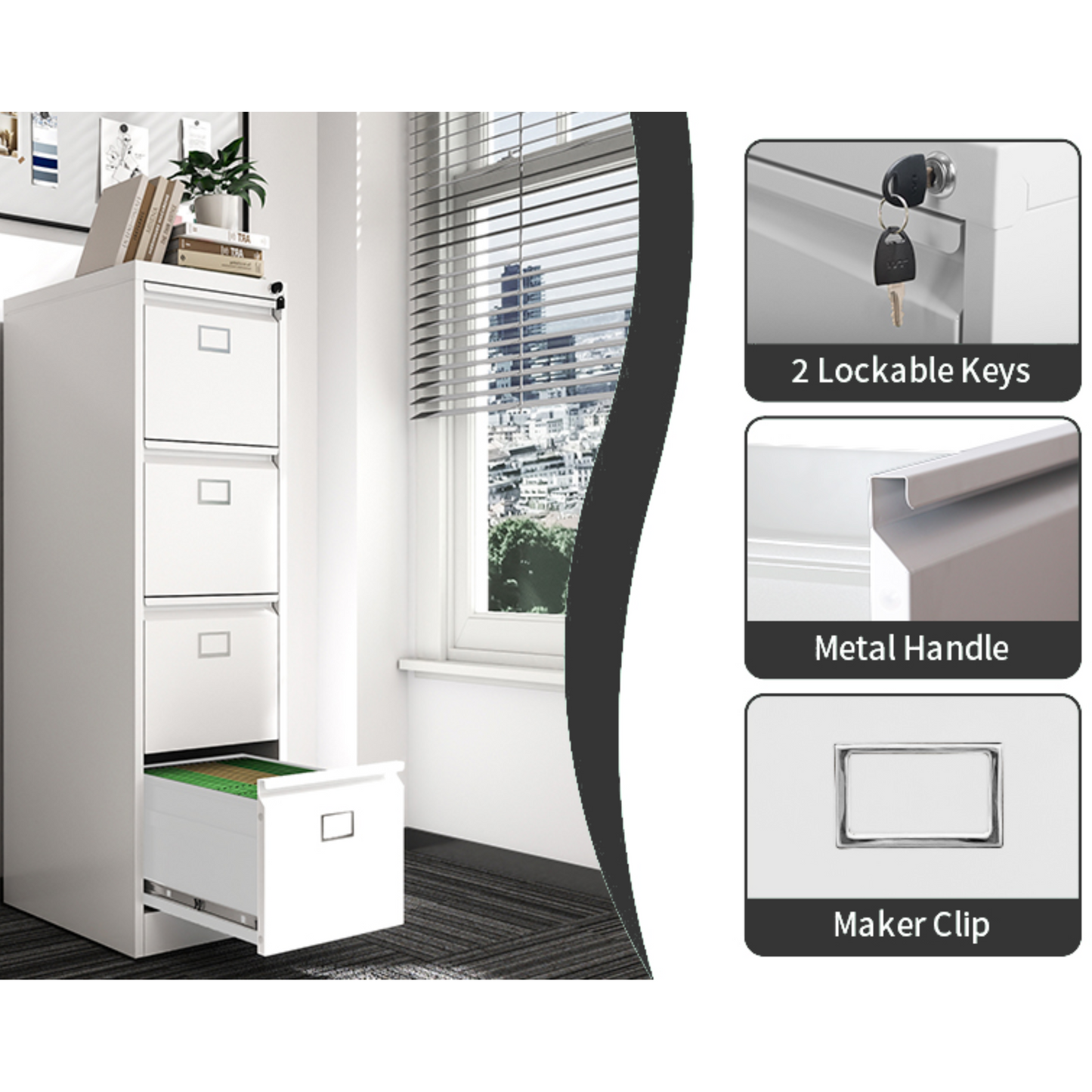 Steel Big Size Vertical 4 Drawer Filing Cabinet Cupboard Locker Swan Handle With Card Slots