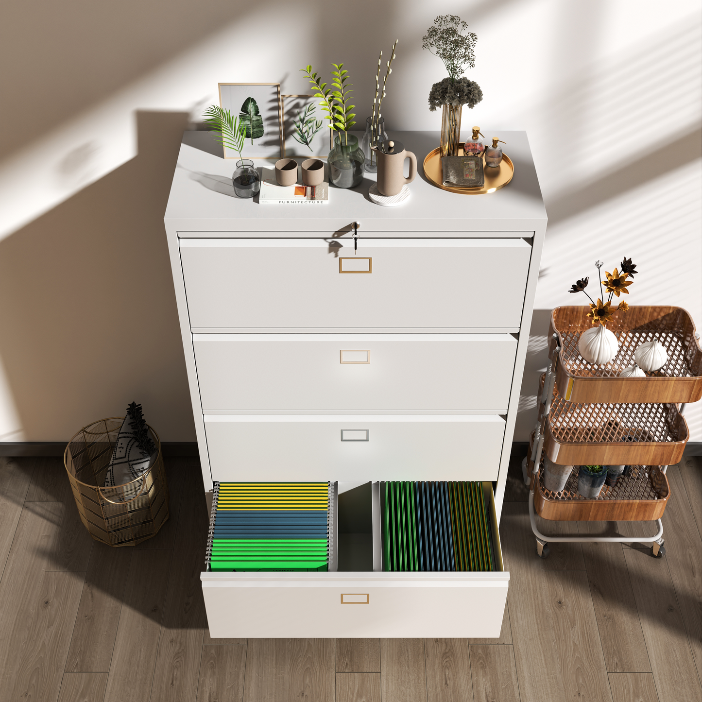 Steel Lateral 4 Drawer Filing Cabinet Cupboard Locker Swan Handle With Card Slots