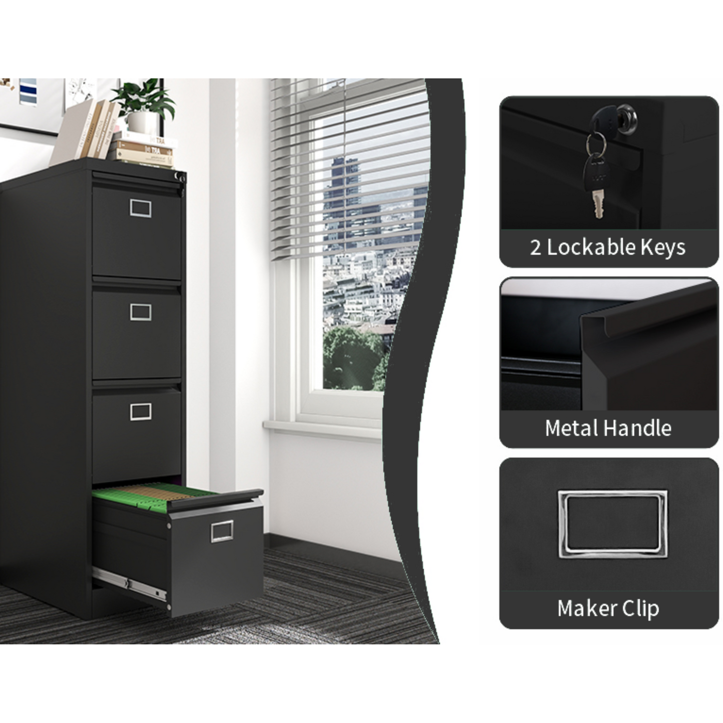 Steel Big Size Vertical 4 Drawer Filing Cabinet Cupboard Locker Swan Handle With Card Slots