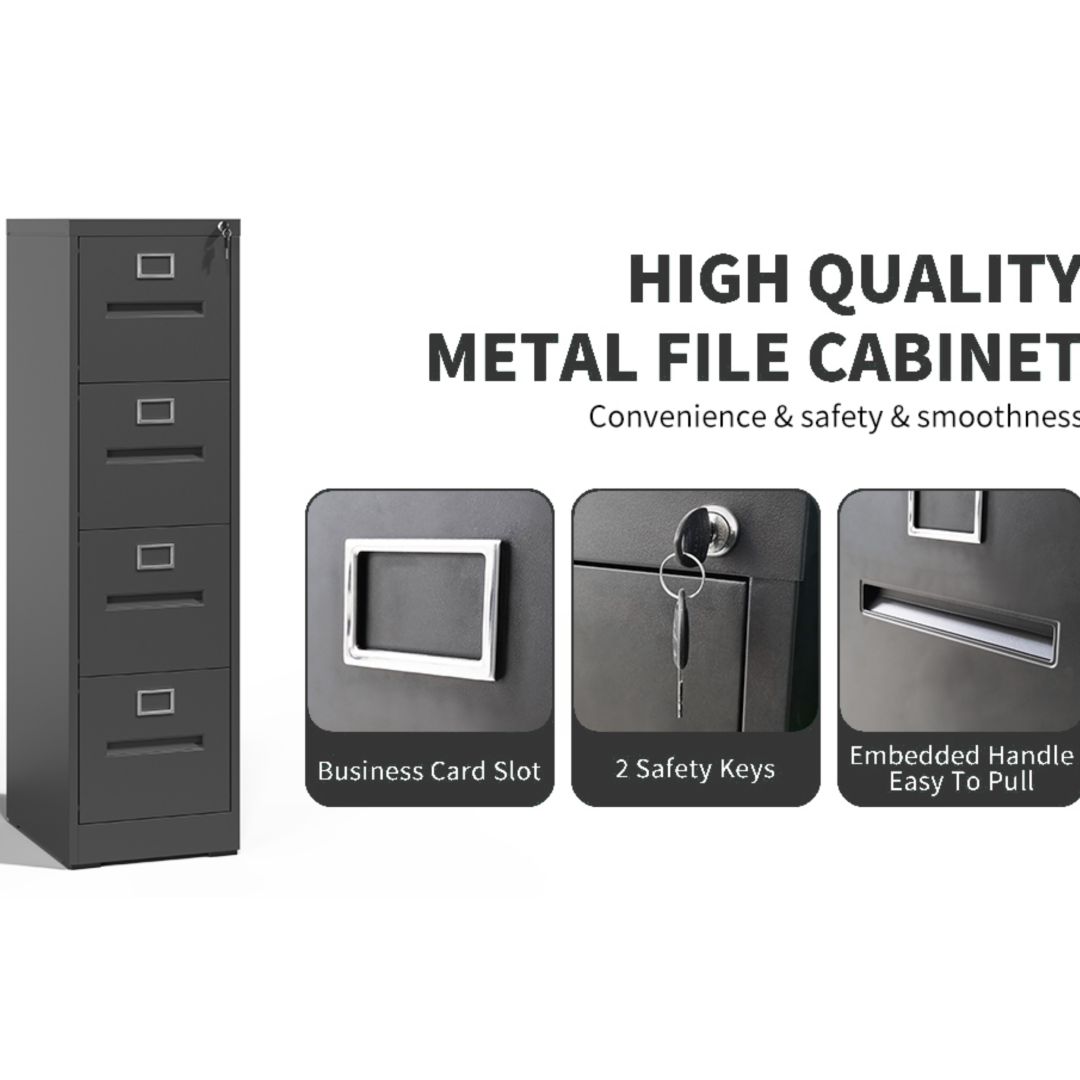 Steel Big Size Vertical 4 Drawer Filing Cabinet Cupboard Locker Inner Handle With Card Slots - Black
