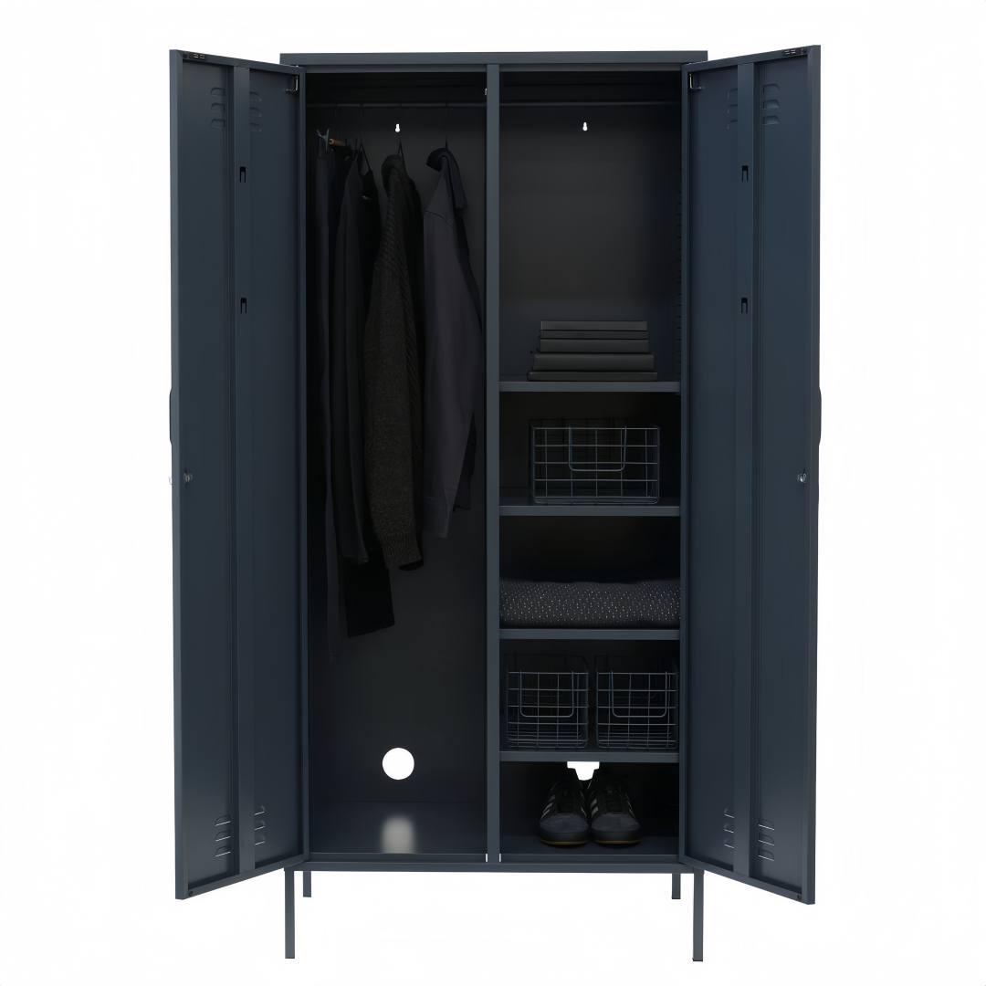 Steel Swing Door Wardrobe Twinny Locker Storage Cabinet Cupboard - Black