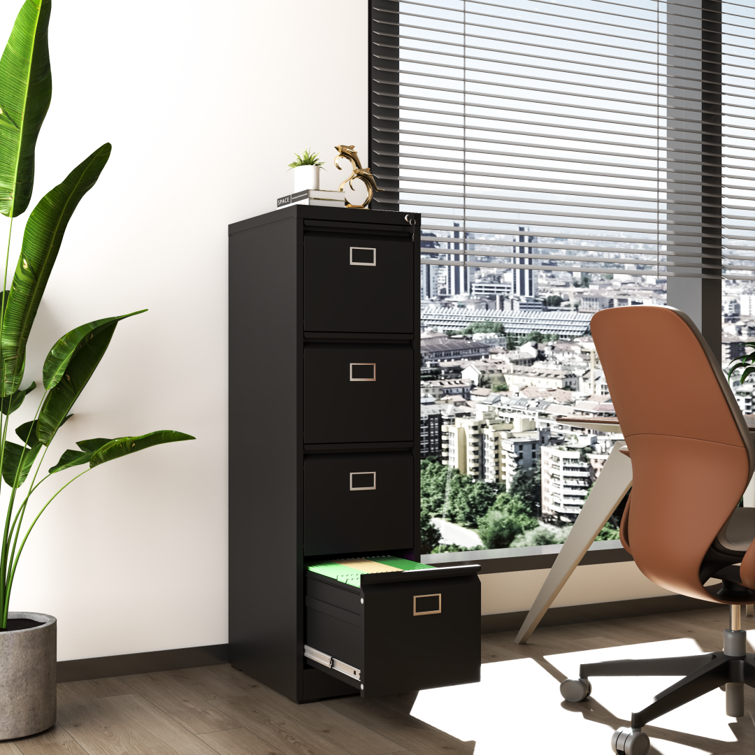 Steel Big Size Vertical 4 Drawer Filing Cabinet Cupboard Locker Swan Handle With Card Slots