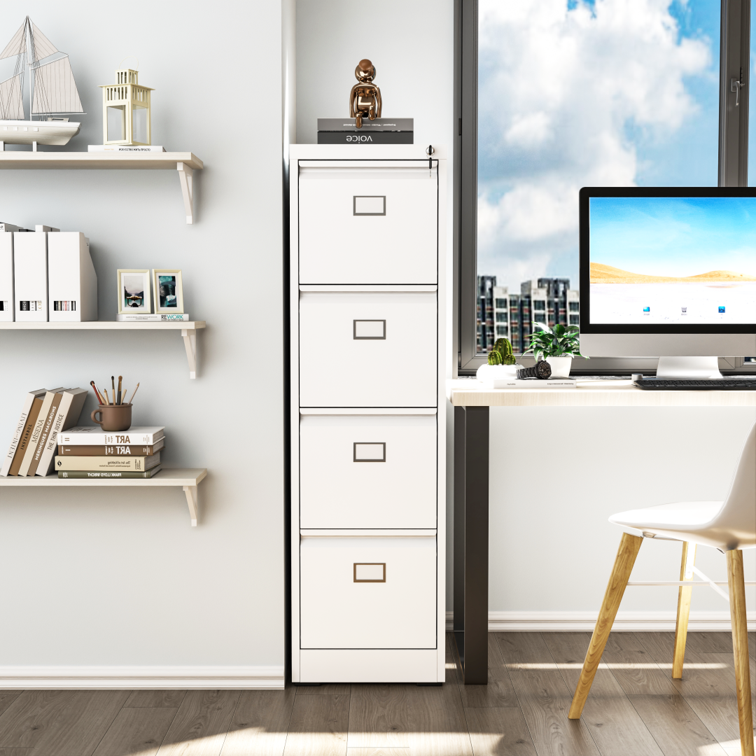 Steel Big Size Vertical 4 Drawer Filing Cabinet Cupboard Locker Swan Handle With Card Slots