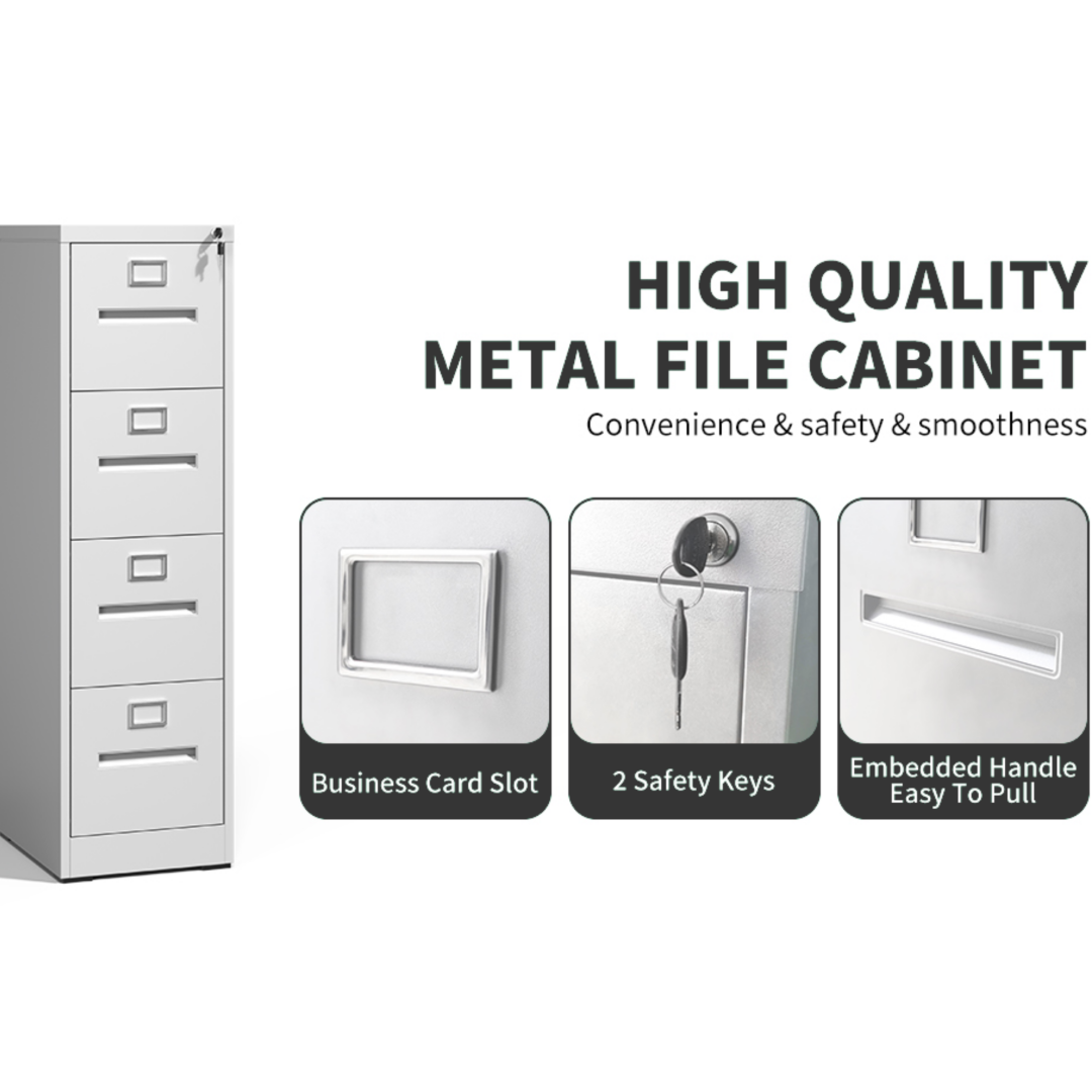 Steel Vertical 4 Drawer Filing Cabinet Cupboard Locker Inner Handle Card Slots