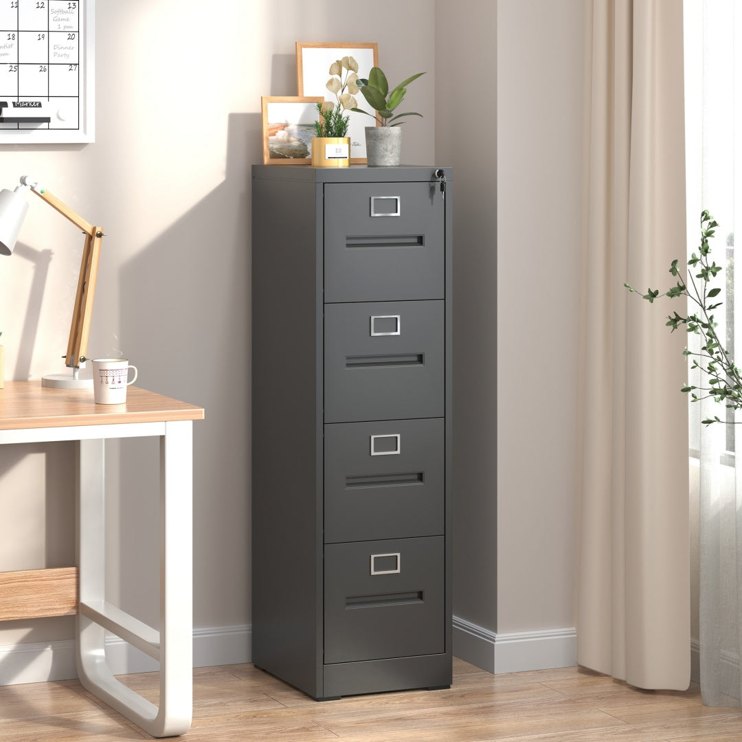 Steel Big Size Vertical 4 Drawer Filing Cabinet Cupboard Locker Inner Handle With Card Slots - Black