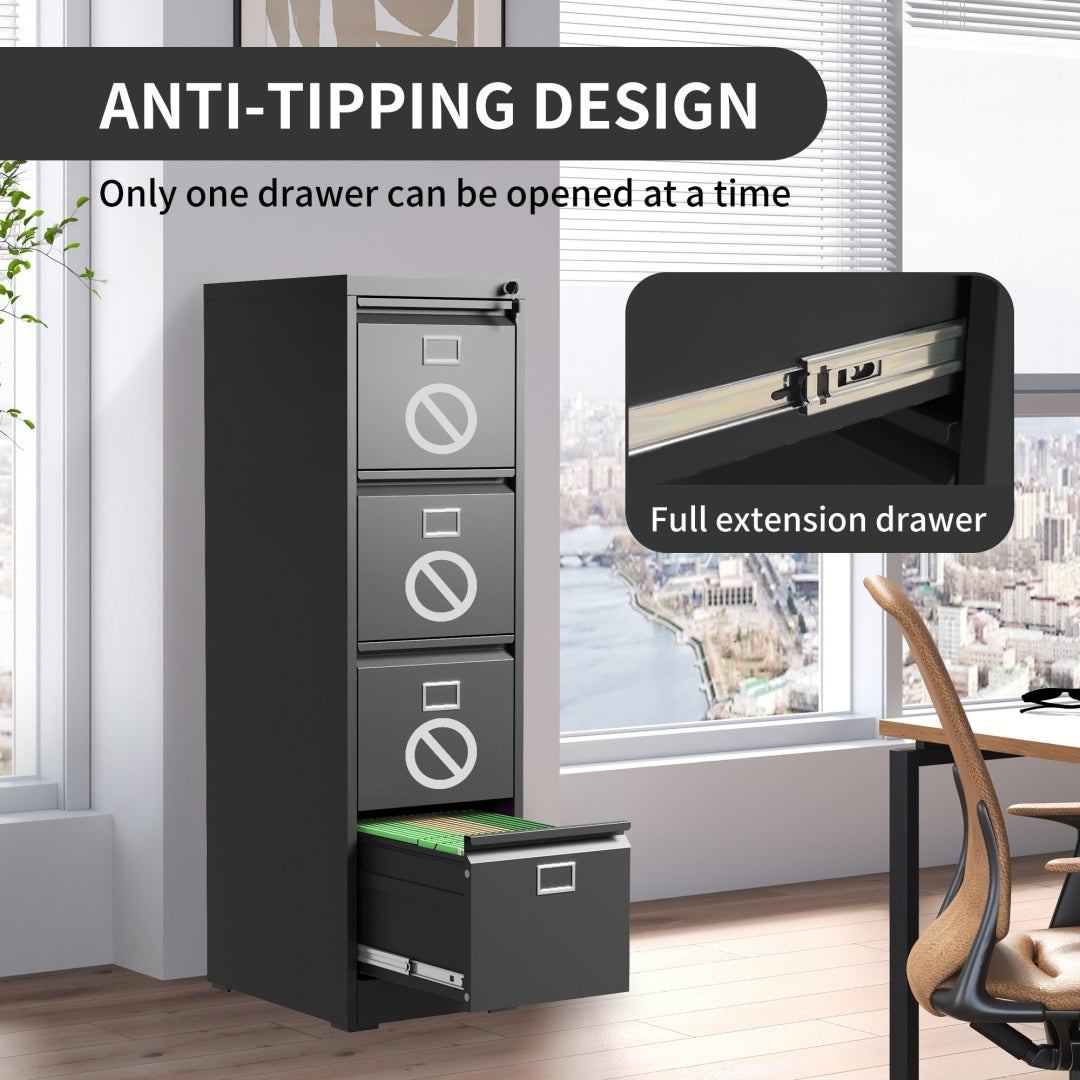 Steel Big Size Vertical 4 Drawer Filing Cabinet Cupboard Locker Swan Handle With Card Slots
