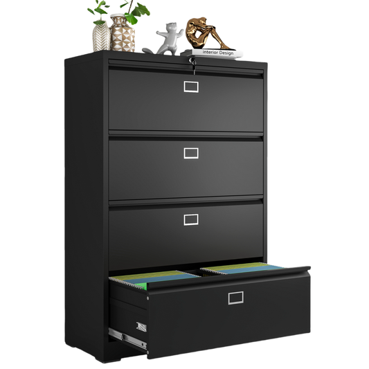 Steel Lateral 4 Drawer Filing Cabinet Cupboard Locker Swan Handle With Card Slots