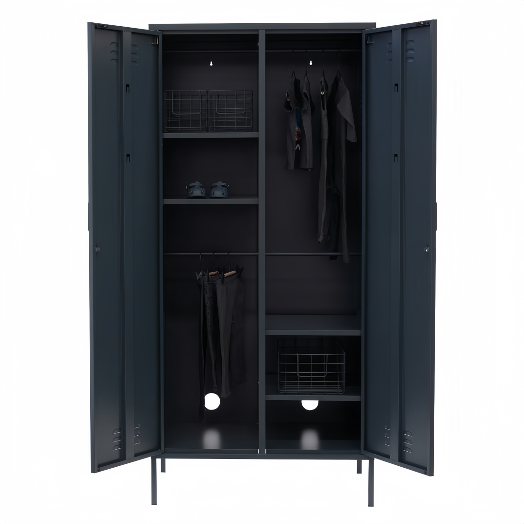 Steel Swing Door Wardrobe Twinny Locker Storage Cabinet Cupboard - Black