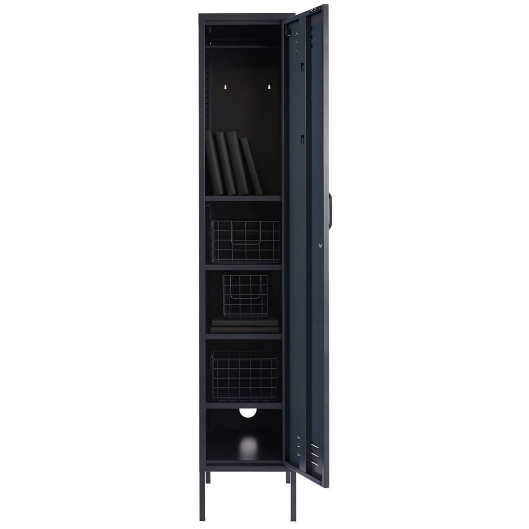 Steel Skinny Wardrobe Metal Locker Adjustable Shelves Storage Cabinet - Black