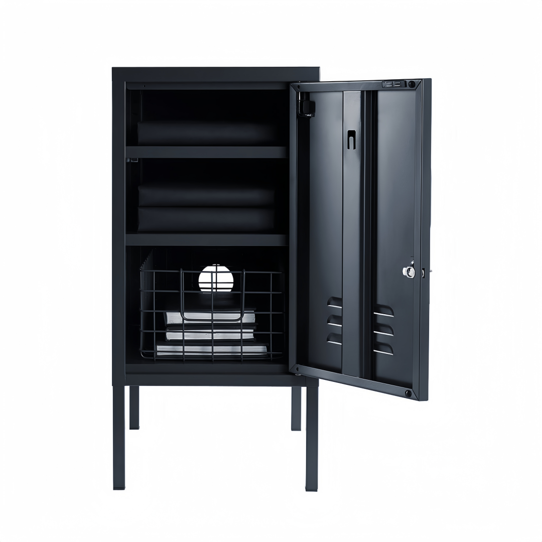 Steel Bedside Pedestal Metal Locker Adjustable Shelves Storage Cabinet - Black