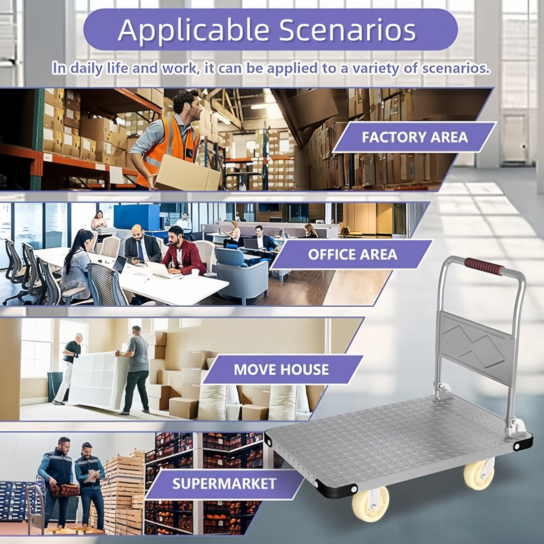 Steel Heavy Duty Foldable Trolley 90cm Platform Truck Cart Hand Push Cart - Silver