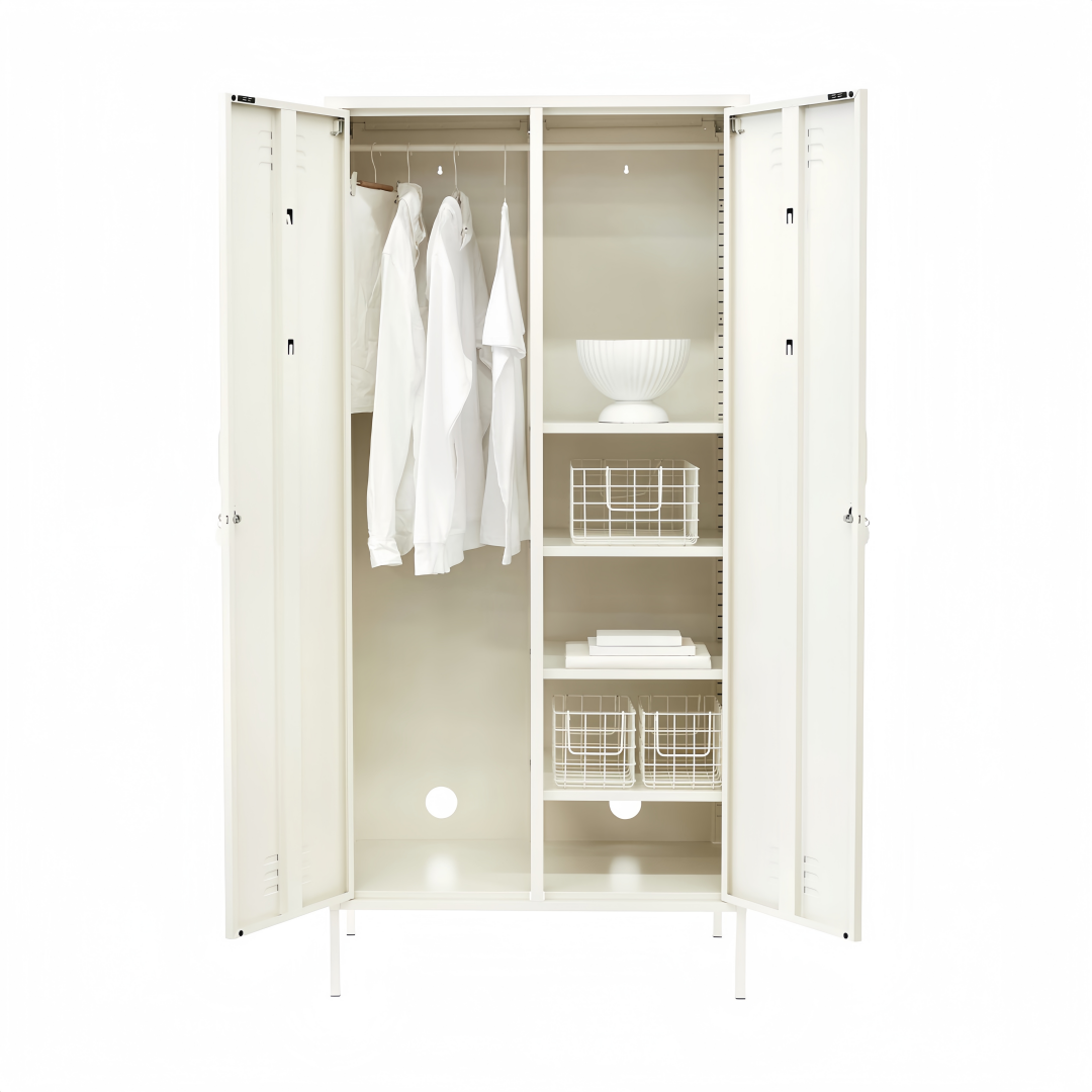 Steel Swing Door Wardrobe Twinny Locker Storage Cabinet Cupboard - White