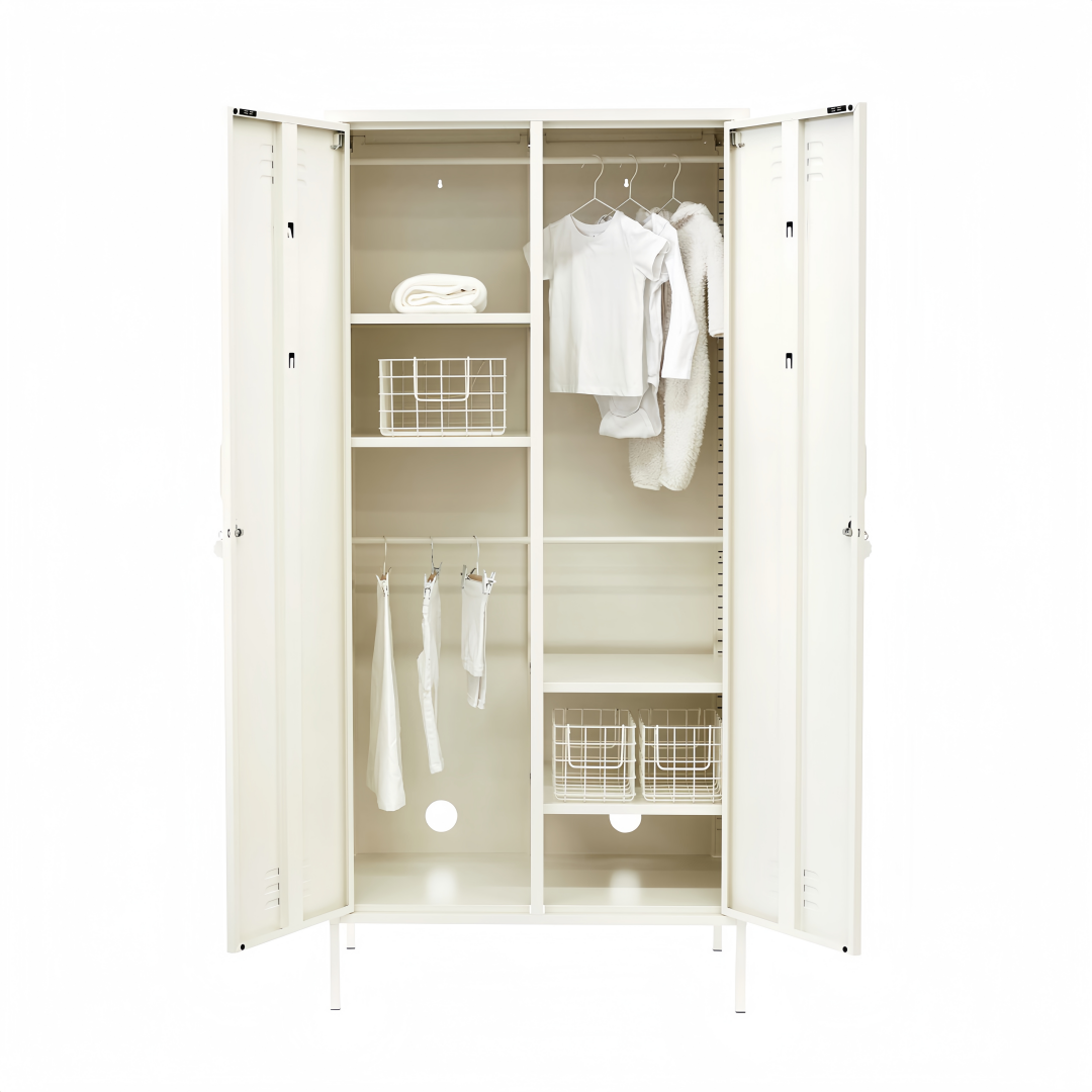 Steel Swing Door Wardrobe Twinny Locker Storage Cabinet Cupboard - White