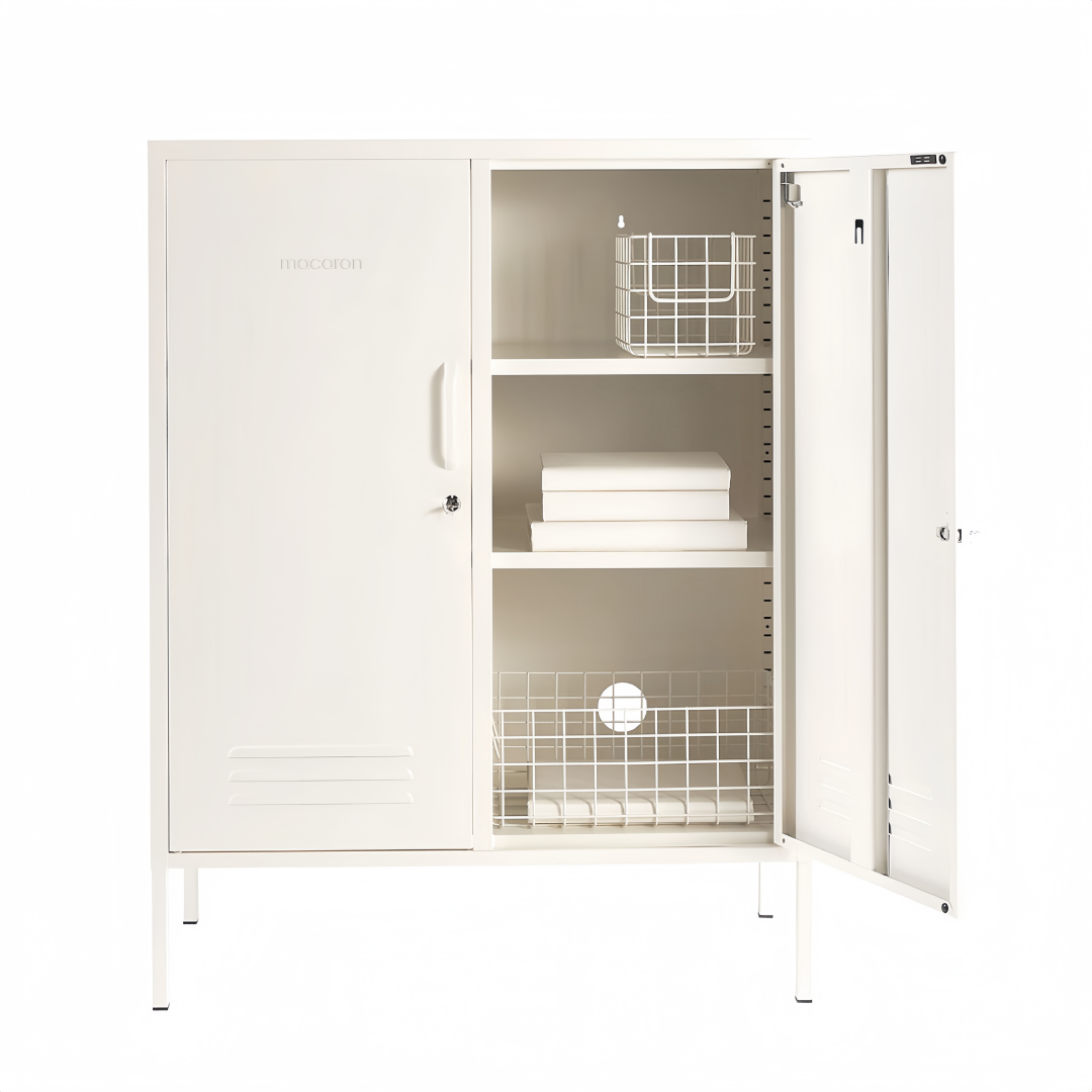 Steel Midi Sideboard Metal Locker Adjustable Shelves Storage Cabinet - White