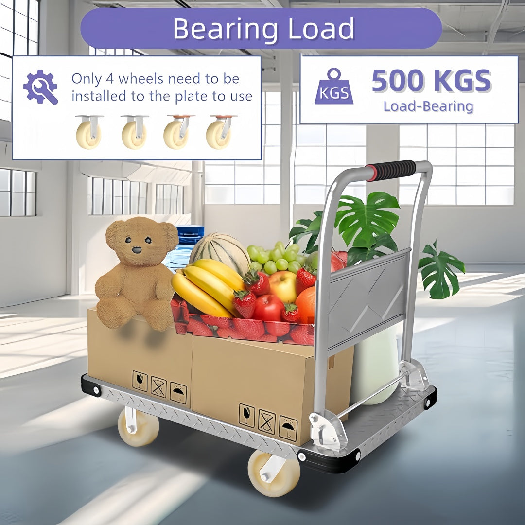 Steel Heavy Duty Foldable Trolley 90cm Platform Truck Cart Hand Push Cart - Silver
