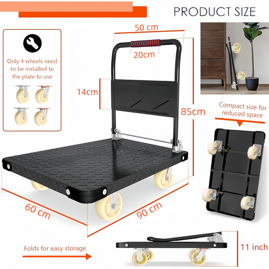 Steel Heavy Duty Foldable Trolley 90cm Platform Truck Cart Hand Push Cart - Black