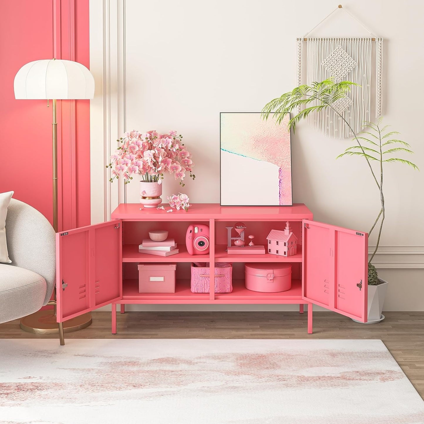 Steel TV Stand Metal Locker Adjustable Shelves Sideboard Storage Cabinet - Raspberry Pink