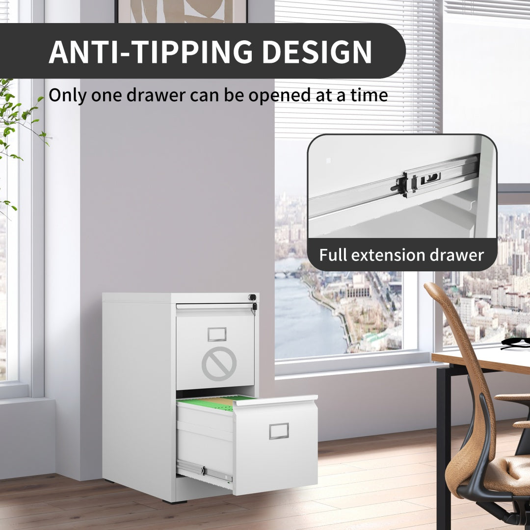 Steel Big Size Vertical 2 Drawer Filing Cabinet Cupboard Locker Swan Handle With Card Slots - White
