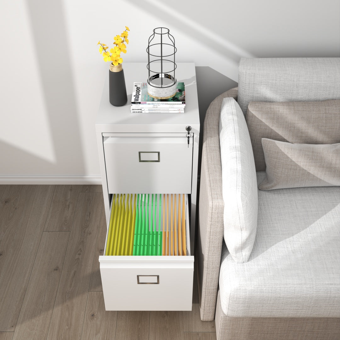 Steel Big Size Vertical 2 Drawer Filing Cabinet Cupboard Locker Swan Handle With Card Slots - White
