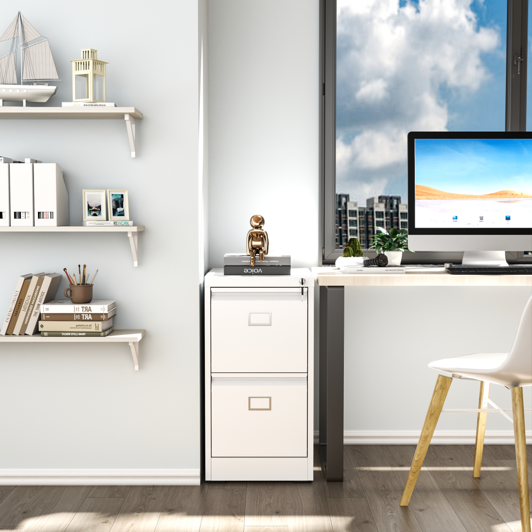 Steel Big Size Vertical 2 Drawer Filing Cabinet Cupboard Locker Swan Handle With Card Slots - White