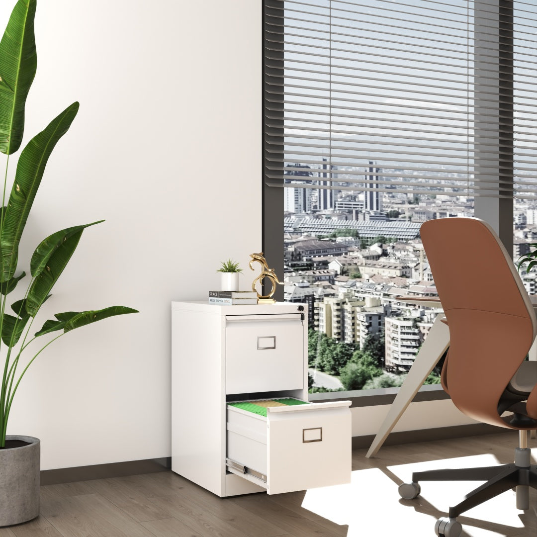 Steel Big Size Vertical 2 Drawer Filing Cabinet Cupboard Locker Swan Handle With Card Slots - White
