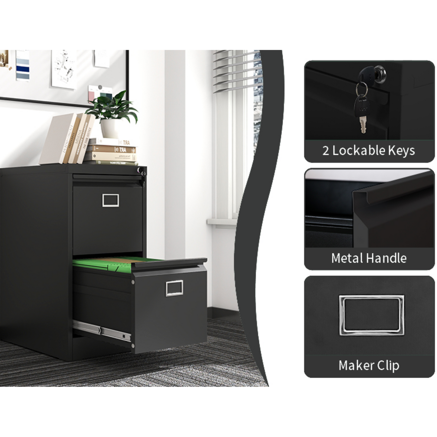 Steel Big Size Vertical 2 Drawer Filing Cabinet Cupboard Locker Swan Handle With Card Slots - Black