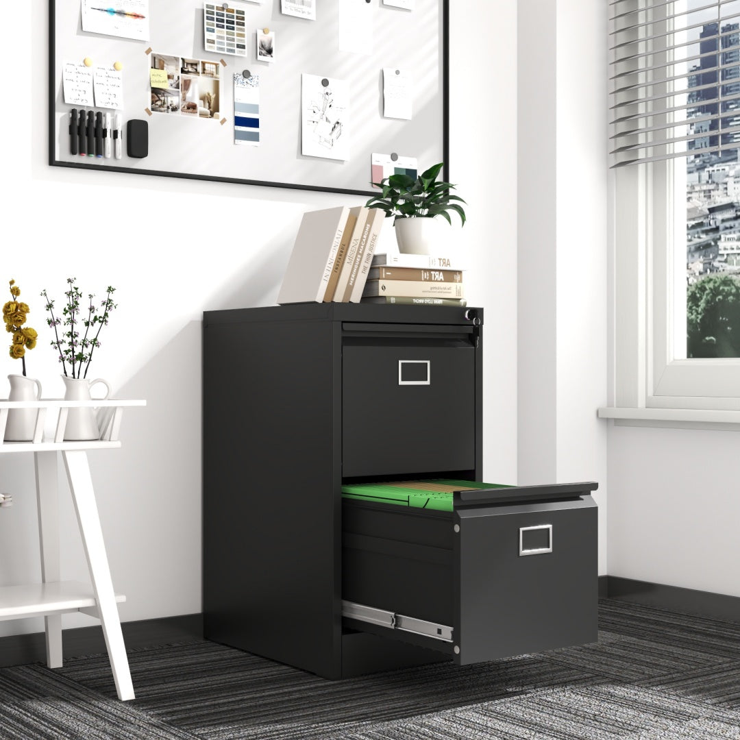 Steel Big Size Vertical 2 Drawer Filing Cabinet Cupboard Locker Swan Handle With Card Slots - Black