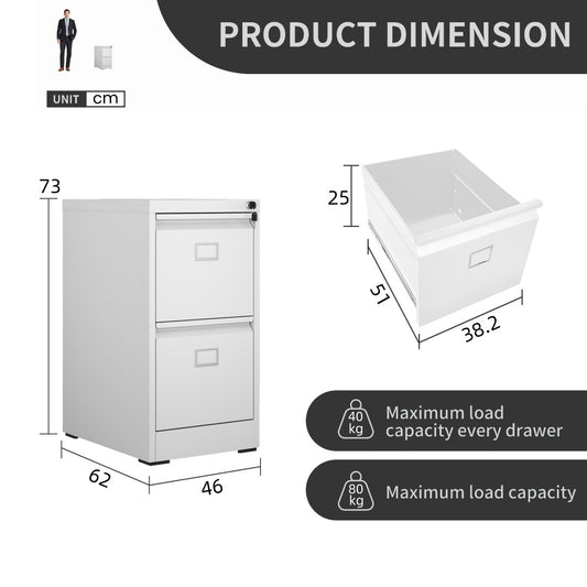 Steel Big Size Vertical 2 Drawer Filing Cabinet Cupboard Locker Swan Handle With Card Slots - White