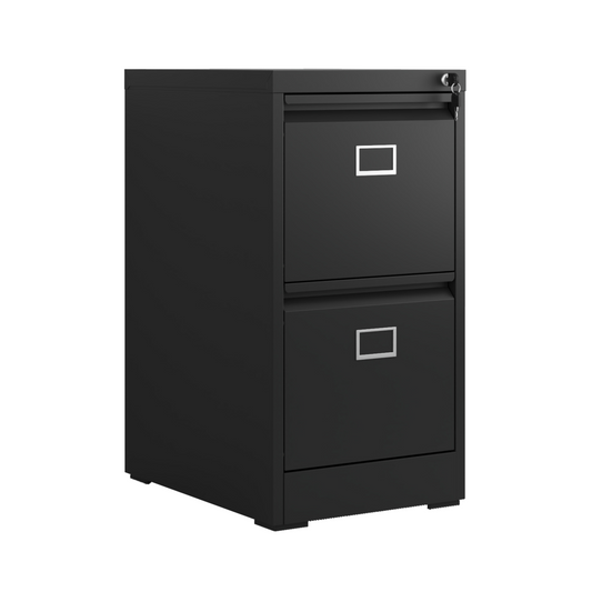 Steel Big Size Vertical 2 Drawer Filing Cabinet Cupboard Locker Swan Handle With Card Slots - Black