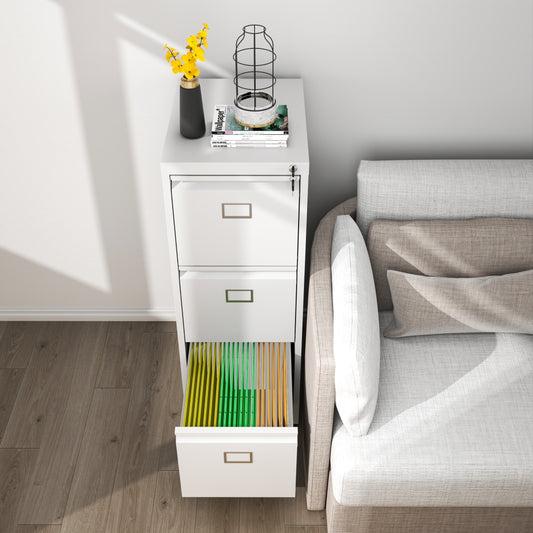 Steel Big Size Vertical 3 Drawer Filing Cabinet Cupboard Locker Swan Handle With Card Slots - White