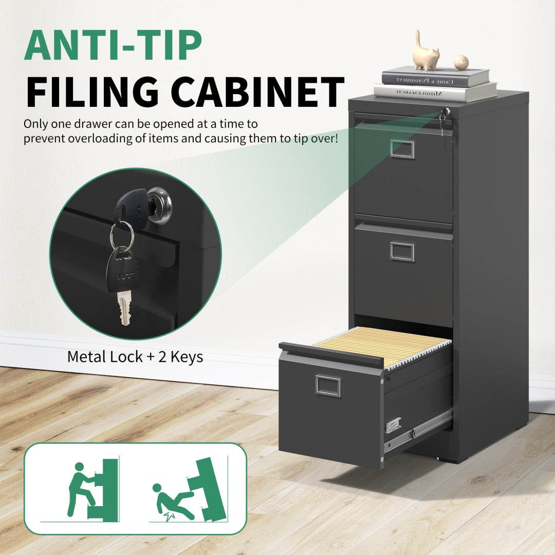 Steel Big Size Vertical 3 Drawer Filing Cabinet Cupboard Locker Swan Handle With Card Slots - Black