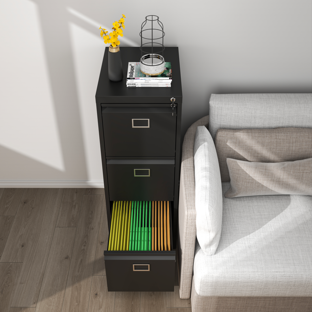 Steel Big Size Vertical 3 Drawer Filing Cabinet Cupboard Locker Swan Handle With Card Slots - Black