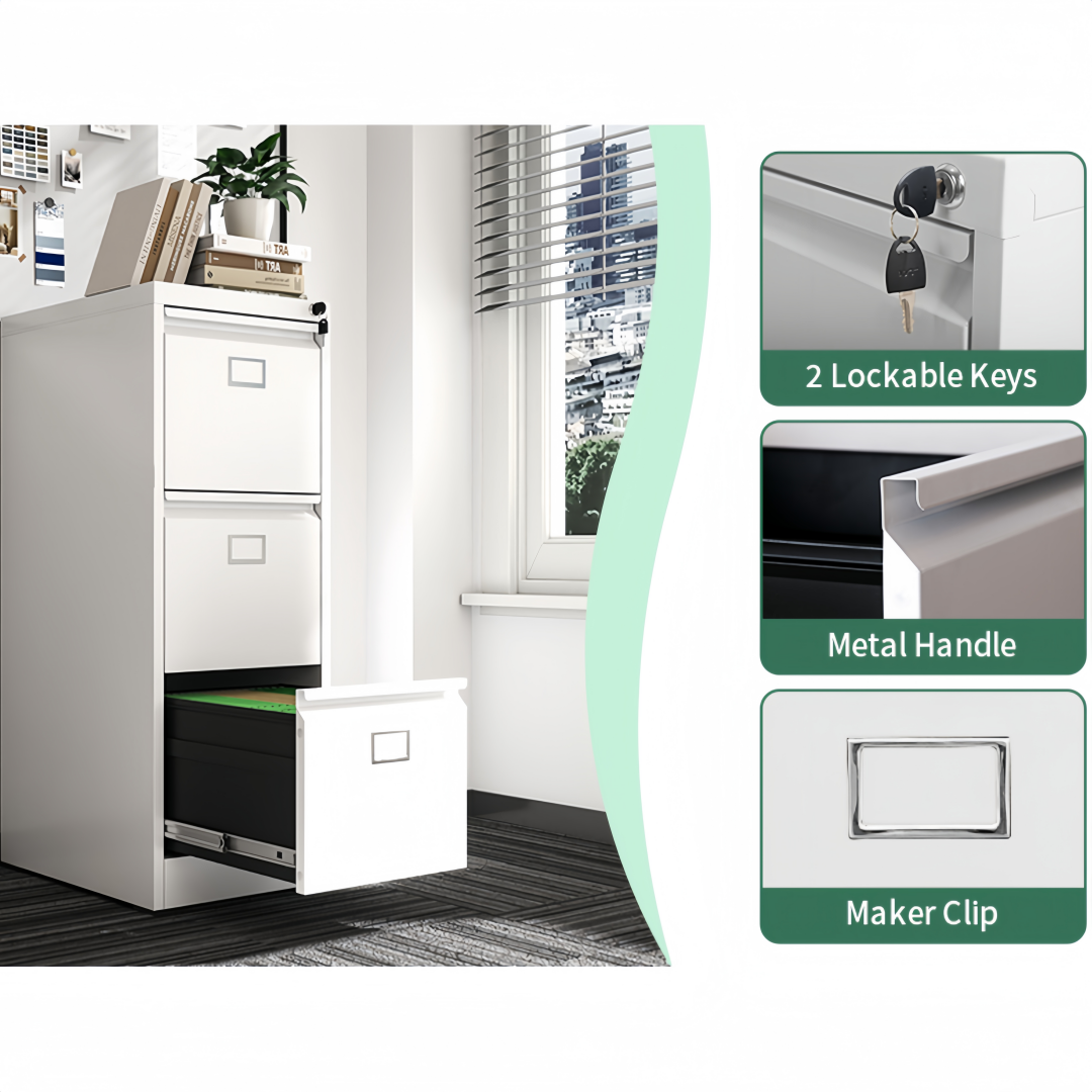 Steel Big Size Vertical 3 Drawer Filing Cabinet Cupboard Locker Swan Handle With Card Slots - White