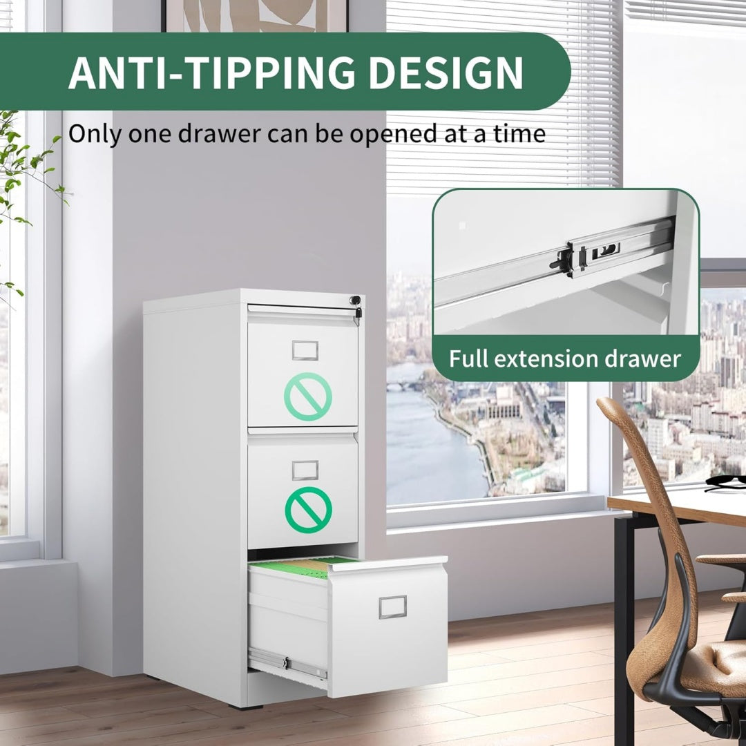 Steel Big Size Vertical 3 Drawer Filing Cabinet Cupboard Locker Swan Handle With Card Slots - White