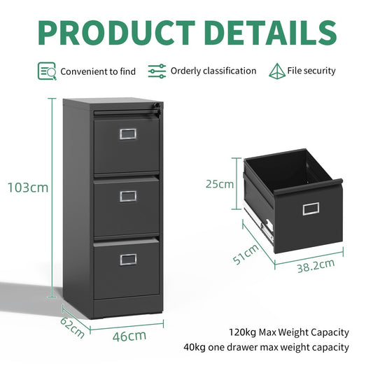 Steel Big Size Vertical 3 Drawer Filing Cabinet Cupboard Locker Swan Handle With Card Slots - Black