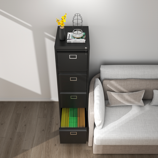 Steel Big Size Vertical 4 Drawer Filing Cabinet Cupboard Locker Swan Handle With Card Slots - Black