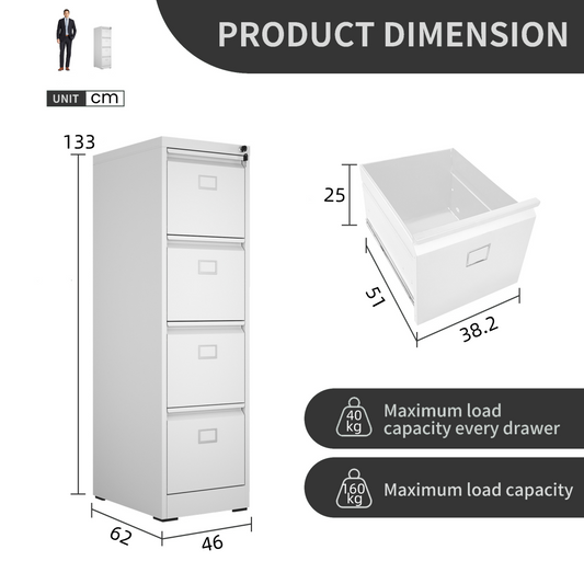 Steel Big Size Vertical 4 Drawer Filing Cabinet Cupboard Locker Swan Handle With Card Slots - White