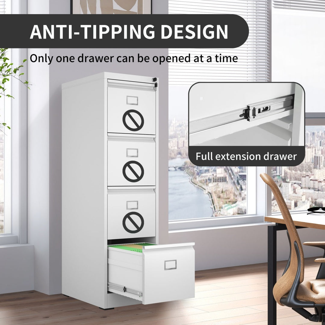 Steel Big Size Vertical 4 Drawer Filing Cabinet Cupboard Locker Swan Handle With Card Slots - White