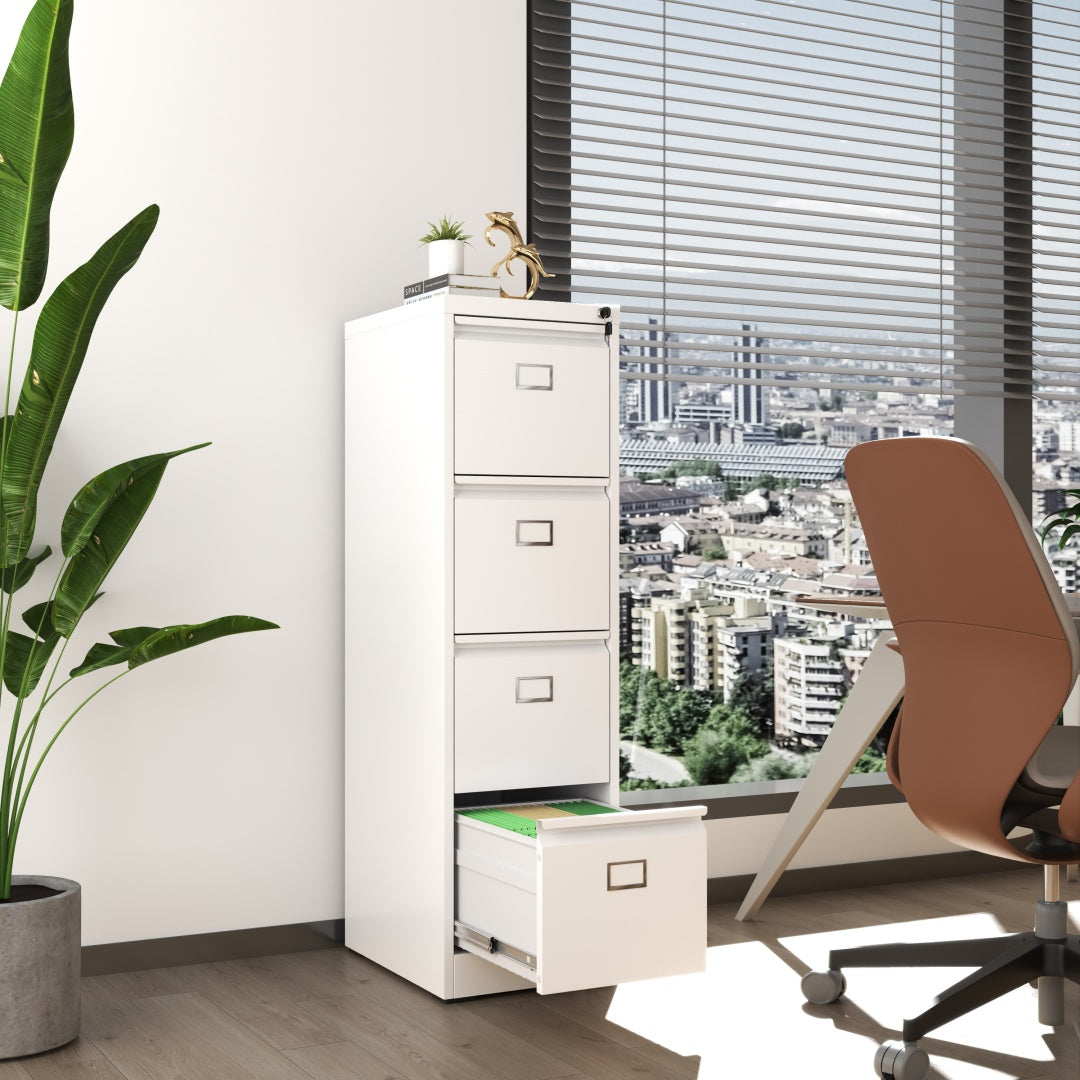 Steel Big Size Vertical 4 Drawer Filing Cabinet Cupboard Locker Swan Handle With Card Slots - White
