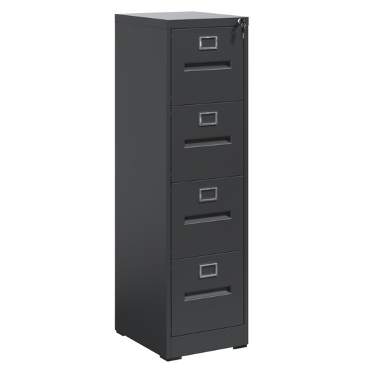 Steel Big Size Vertical 4 Drawer Filing Cabinet Cupboard Locker Inner Handle With Card Slots - Black