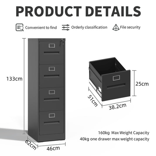 Steel Big Size Vertical 4 Drawer Filing Cabinet Cupboard Locker Inner Handle With Card Slots - Black