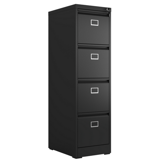 Steel Big Size Vertical 4 Drawer Filing Cabinet Cupboard Locker Swan Handle With Card Slots - Black